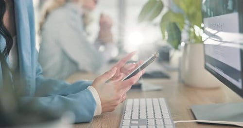 Texting, hands and employee with smartphone, office and networking with contact