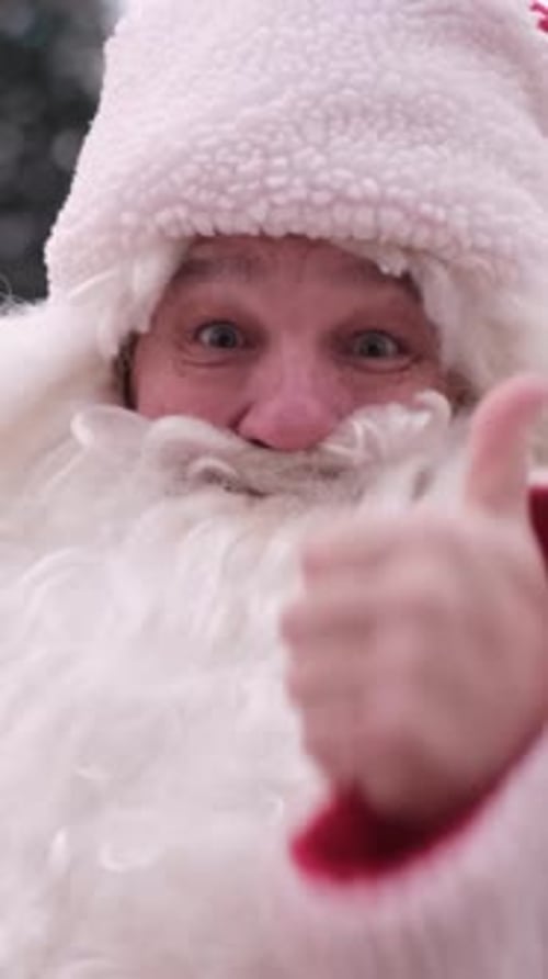 Feliz Papá Noel senior mostrando el pulgar hacia arriba, retrato aislado de Papá Noel realista con gesto de aprobación