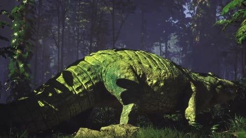 La lumière matinale dévoile un reptile préhistorique éveillé au milieu du brouillard et de la mousse