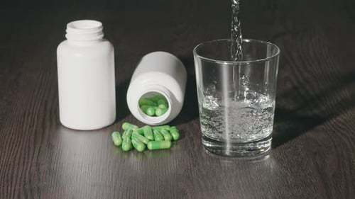 Two Plastic Jars with Capsules on the Table