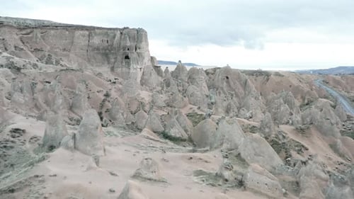 Panoramic view of natural rock formations in Cappadocia, Turkey