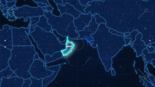 Futuristic Digital World Map Zoom to Oman Highlight Animation