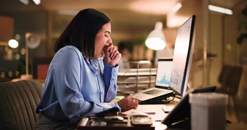 Burnout, fatigue or business woman in office with computer, yawn or stress for project deadline