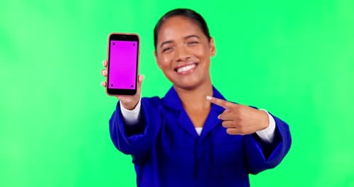 Phone mockup, thumbs up and woman on green screen for website, internet
