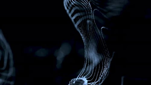 Blue Particle Field Fly Through 4K Loop features a camera view flying through space particle strings