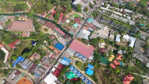 Busy Tropical Town Center Residential Streets Colorful Rooftops Aerial Drone View