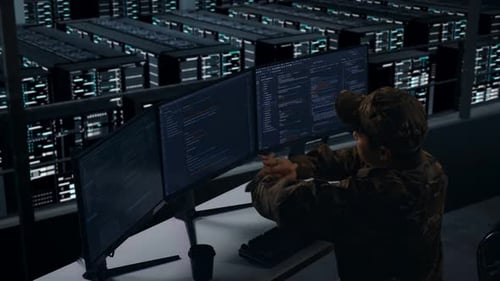 Side View Of Tired Asian Military Stretching While Write Code In Data Center