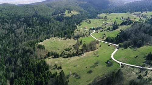 Drone footage of mountain road with car and the green pine forest