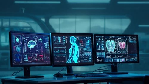 Doctor Working at Futuristic Office Multiple Monitors Displaying Medical Images Data and Body Scans