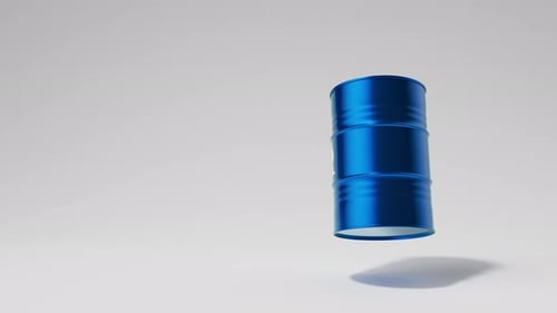 Single Blue Metal Oil Barrel Rotating on White Background Front View Oil Industry Concept 3d Render