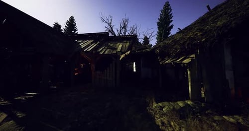 Escena de Moody Barn con brasas brillantes y equipo disperso