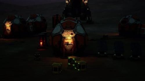 Mars Colony Base Shines in the Night with Glowing Structures and Cargo