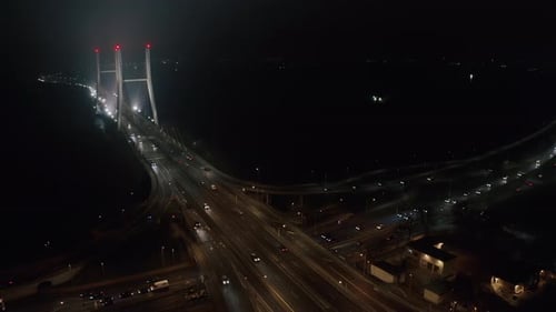 Aerial View Traffic City Bridge Road at Night Roadway in Modern Big City in Evening