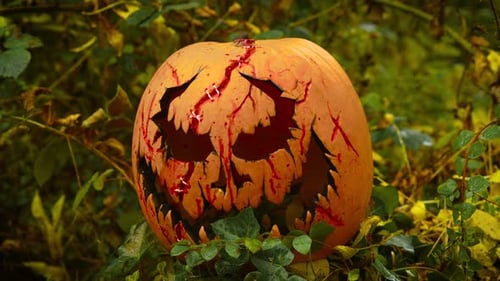 Demonic Pumpkin Bleeding with Cursed Grin Among Haunted Forest Shadows Dreamy Fog Filling Atmosphere