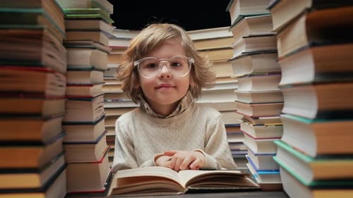 Cute Little Blond Schoolboy in Glasses Reading Interesting Book in Library Between Stacks of Books