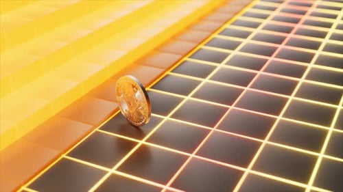 Pièce de crypto-monnaie dorée roulant le long d'un sol en grille rougeoyant futuriste symbolisant la dynamique et