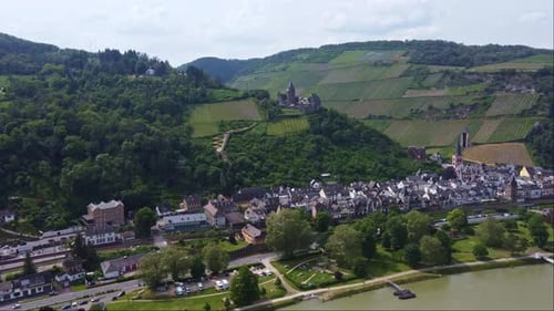 Aerial View of Bacharach Town By River Rhine, Dolly Forwards