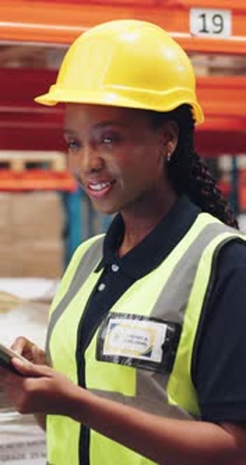 Logistics, worker and counting stock with tablet for storage inventory, shipping and distribution