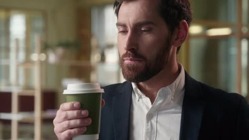 Caucasian Business Man Guy Drink Coffee in Office Morning Delicious Beverage Foretaste Businessman