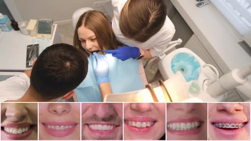 Dentist examining patient with headshots of smiles