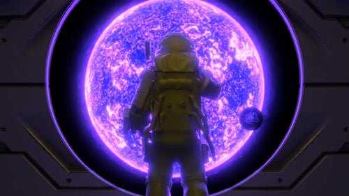 Un astronauta lanza una piedra al Purple Energy Portal