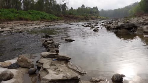 Steady shot of a large rocky river
