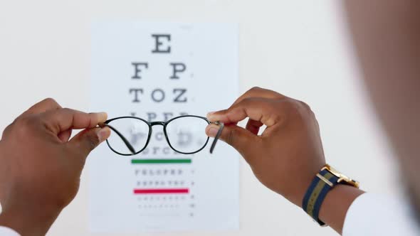 Optometry, letter and healthcare with glasses and chart and doctor for ...