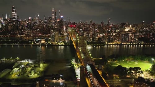Queensboro Bridge In New York City At Night - Aerial Shot