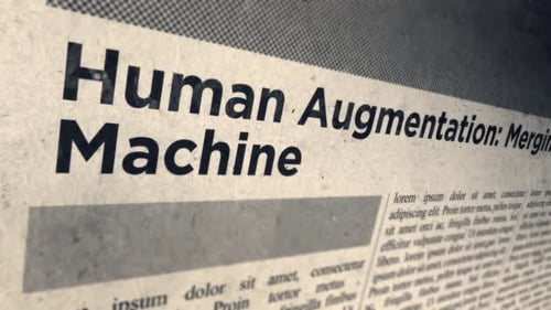 Grungy Newspaper Glitch Text Reveal: Human Augmentation Title