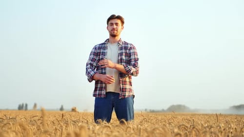 Portrait of Happy Farmer Standing in Ripe Wheat Field with Arms Crossing on Chest Proud Agronomist