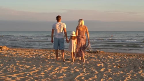 Back View of Father Mother and Daughter Walk on Sand Beach at Sea at Sunset
