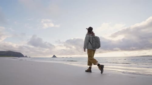 Happy Carefree Girl Walking on Beach Sunset