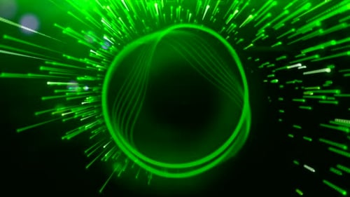 A bright multicolored laser ring in animation next to which a salute is flying