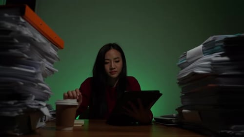 Asian woman working late at night with laptop computer home office looking screen monitor