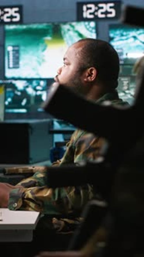 Vertical Video Soldier Doing Job in HQ Base of Operations Engage Enemy Forces