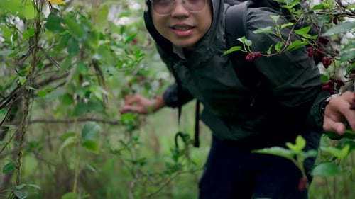 Young Adult Foraging for Berries in Wilderness