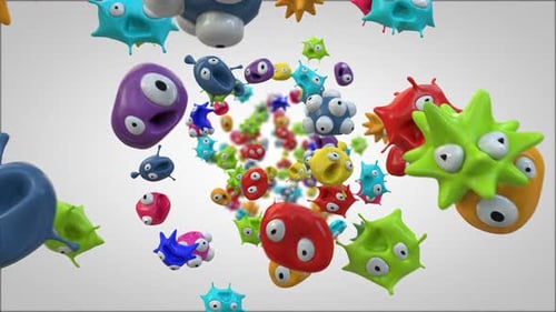 Colorful Cartoon Microbes Swirling: Abstract Science Animation