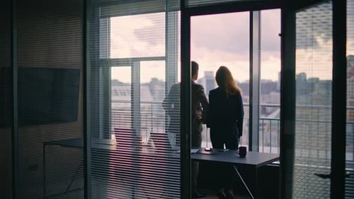 Relaxed Pair Coworkers Contemplating Cityscape Standing at Big Office Window