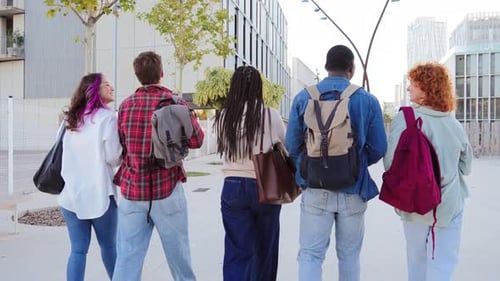 Diverse Group of Students Walking Together on Campus Showcasing Friendship and Camaraderie Among