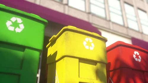 Colorful, plastic garbage bins, with recycle logo, stacked in a row against a street background