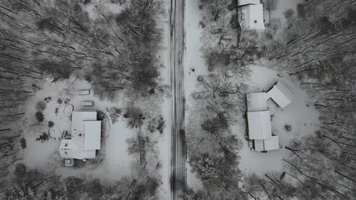 Aerial top down of snowy street in woodland with conifer trees. Housing area with snow-covered house