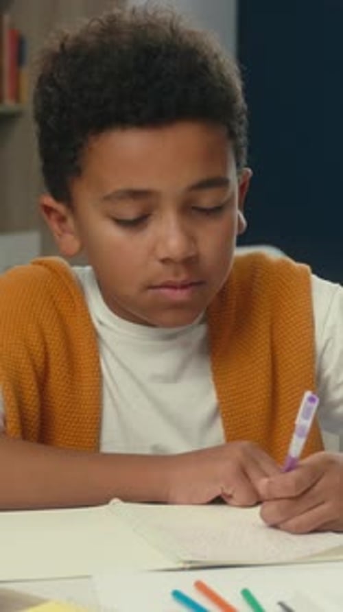Upset African American Ethnic Little Child Son Study Writing Showing Thumb Down Education Bad Result