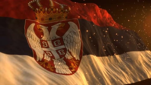 Waving Serbian Flag Animation with Coat of Arms and Golden Particles