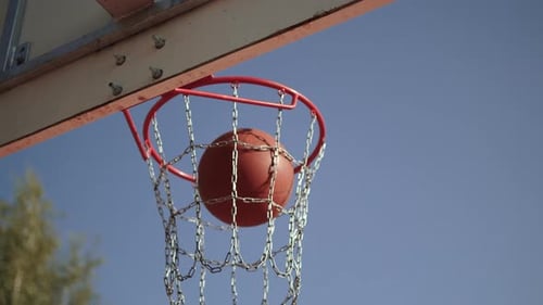 Basketball Ball Hitting Rim of Hoop Falling Into Net Gimbal Shot