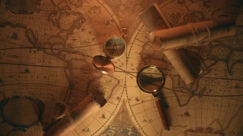 Vintage World Map with Compass and Scrolls