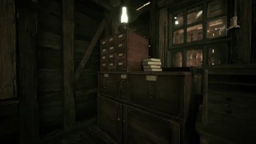 Vintage Wooden Room Interior with Books and Lamp Zoom Out