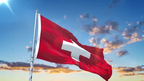 Swiss Flag Waving Realistically in Blue Sky with Clouds