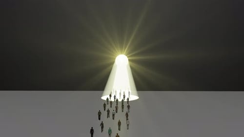 Tiny People Walk Into a Glowing Hole in the Wall Shaped Like a Large Keyhole