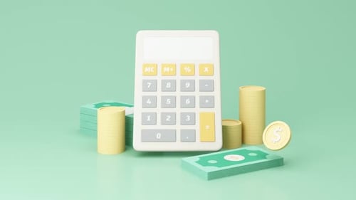 Calculator and Money on Mint Green Background