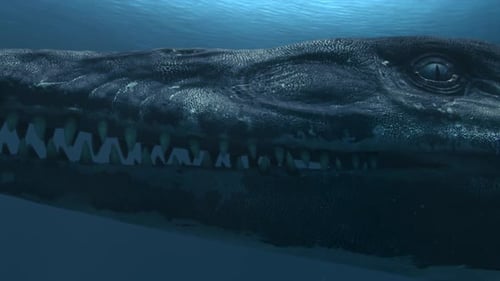 Kronosaur swimming in dark ocean close up
